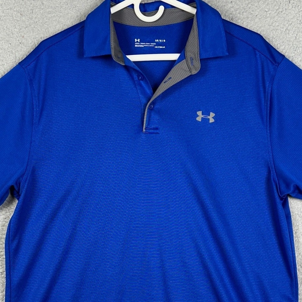 Under Armour Polo Shirt Mens Large‎ Blue HeatGear Golf Stripe Performance Rugby